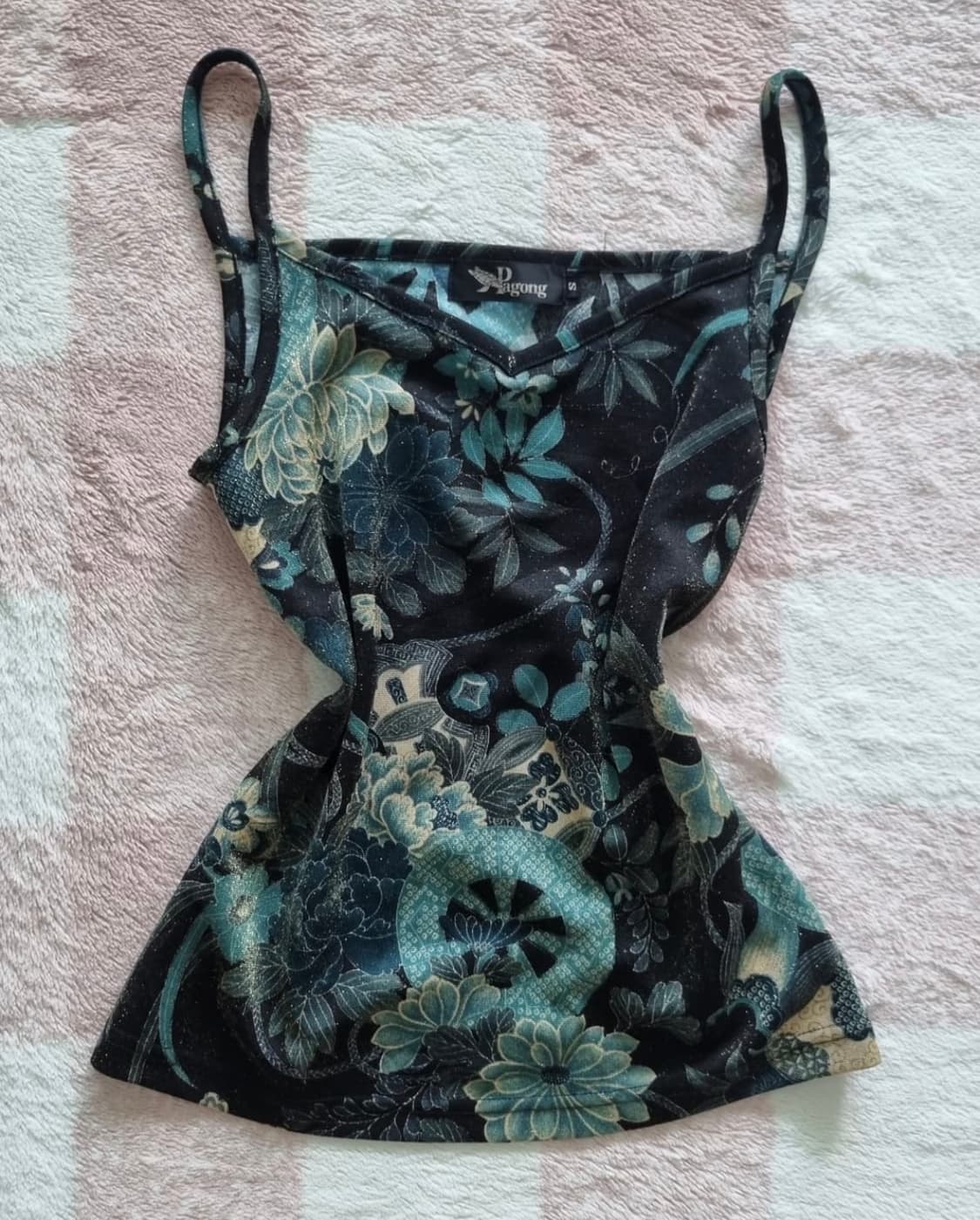 빈티지 오리엔탈 동양풍 청록색 패턴나시 슬리브리스 상품이미지1