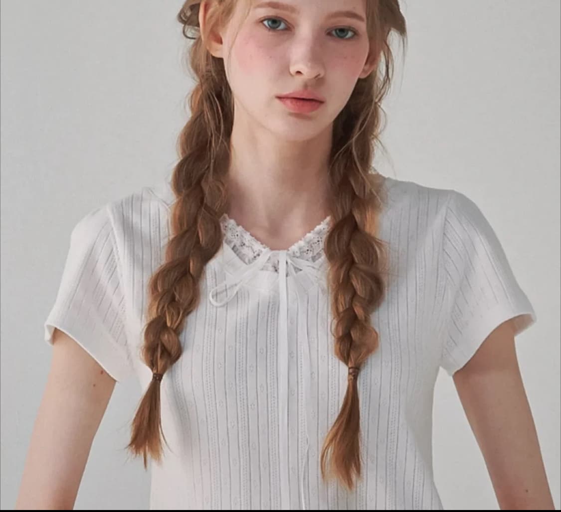 론론 리본 레이스 브이넥 반팔티 상품이미지1