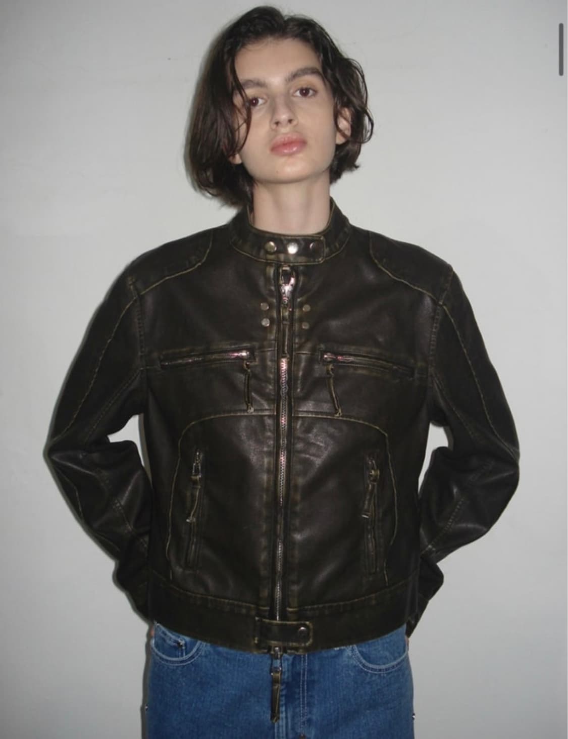 파르티멘토우먼 워시드 레더 바이 가죽 자켓 브라운 카키 s 상품이미지1