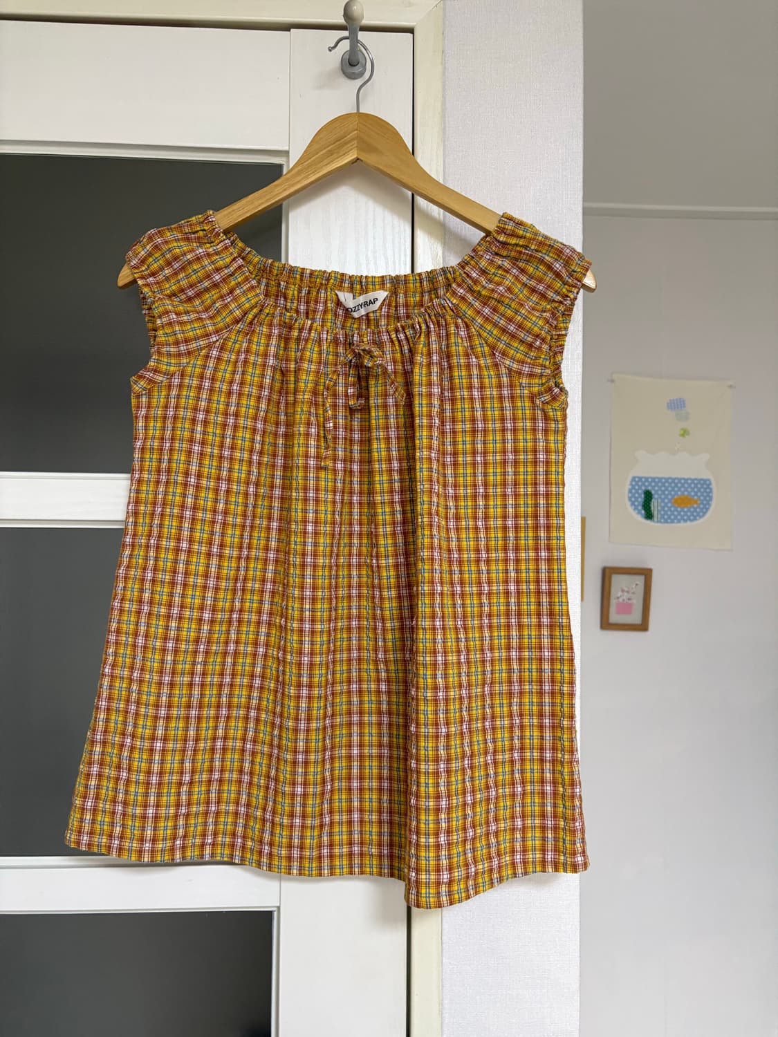 오렌지 체크 퍼프 소매 블라우스 상품이미지6