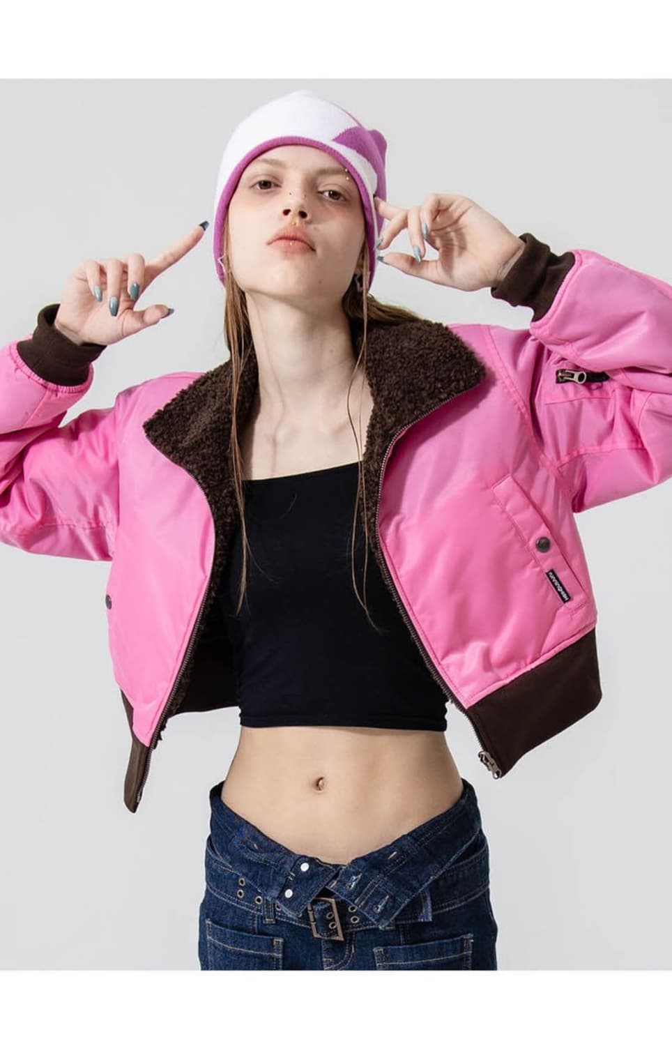 갸루깔 러닝하이 나일론-퍼 리버시블 집업 점퍼 [핑크/브라운] 상품이미지4