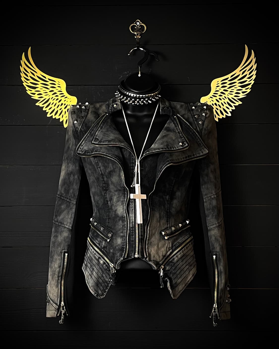 SHALANG 펑크 데님 워싱 흑청 스터드 지퍼 자켓 상품이미지1