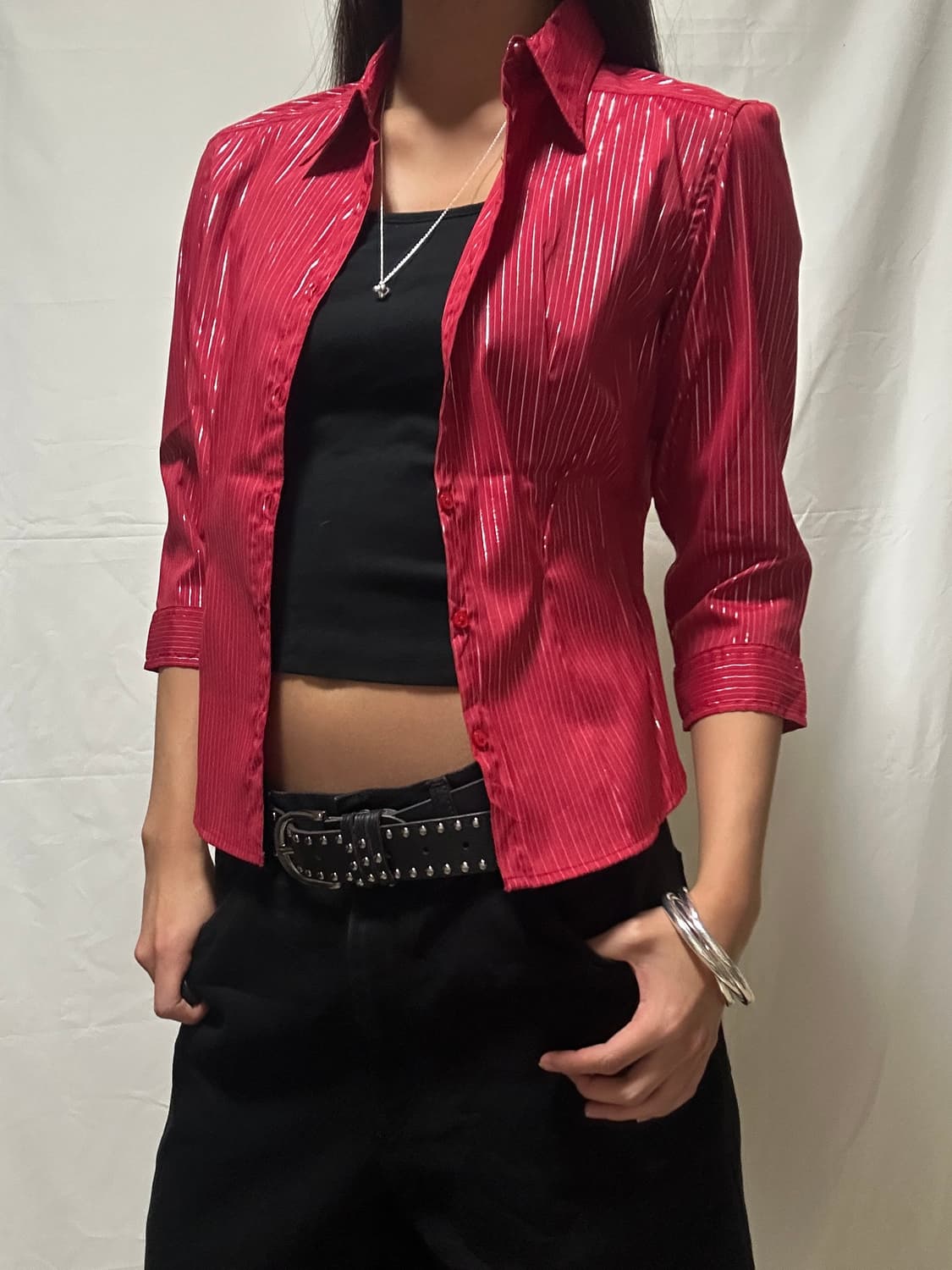 빈티지 레드 스트라이프 폴리 나일론 7부 셔츠 상품이미지2