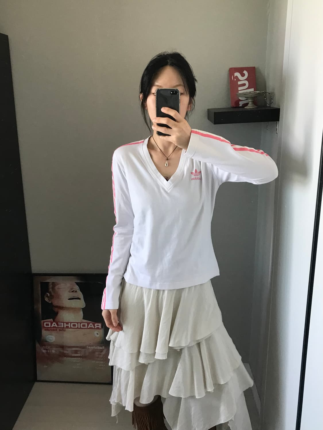 아디다스 해외판 트레포일 사이드라인 브이넥 화이트 롱슬리브티 상품이미지4