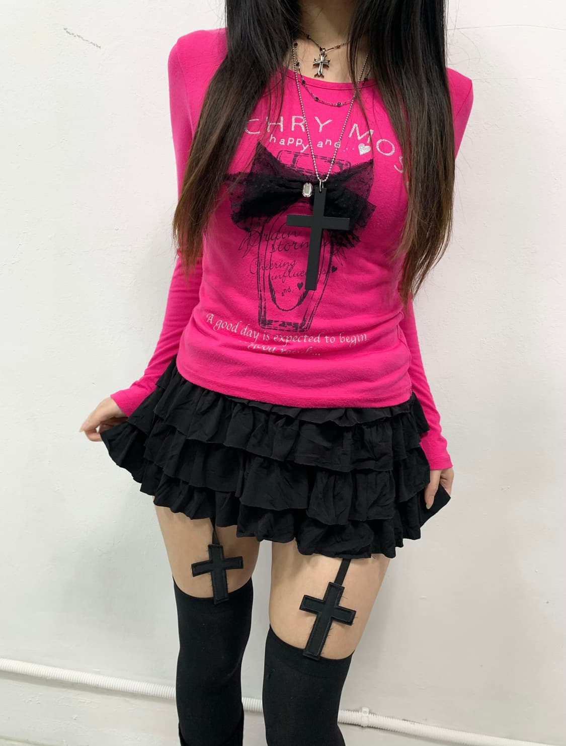 [SOSPITO] 갸루 도트 리본 핑크 롱슬리브 상품이미지3