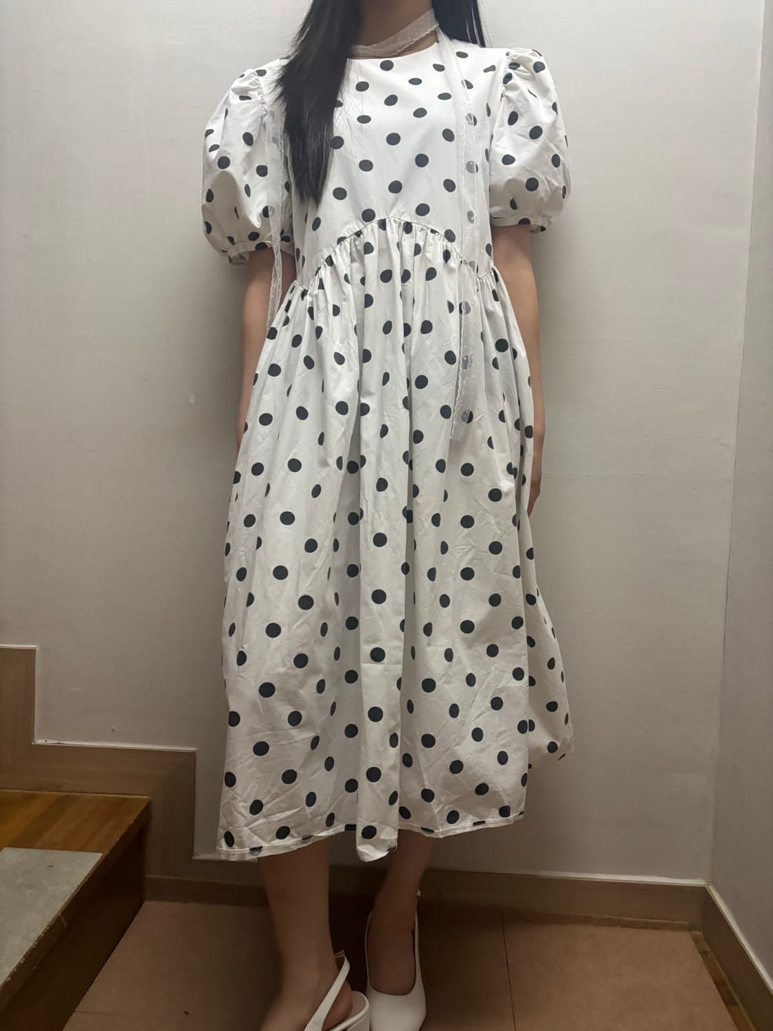 빈티지 벌룬 핏 화이트 도트 원피스 상품이미지6