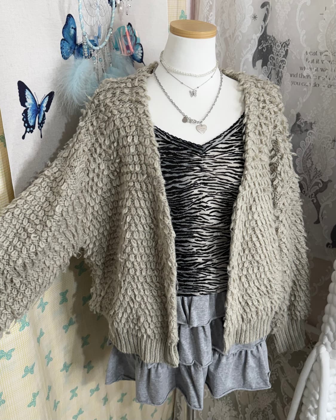 연카키 뽀글이 브이넥 오픈 가디건 상품이미지4