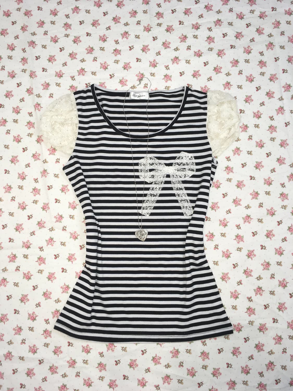 jpn vintage ribbon lace stripe t shirt 상품이미지1