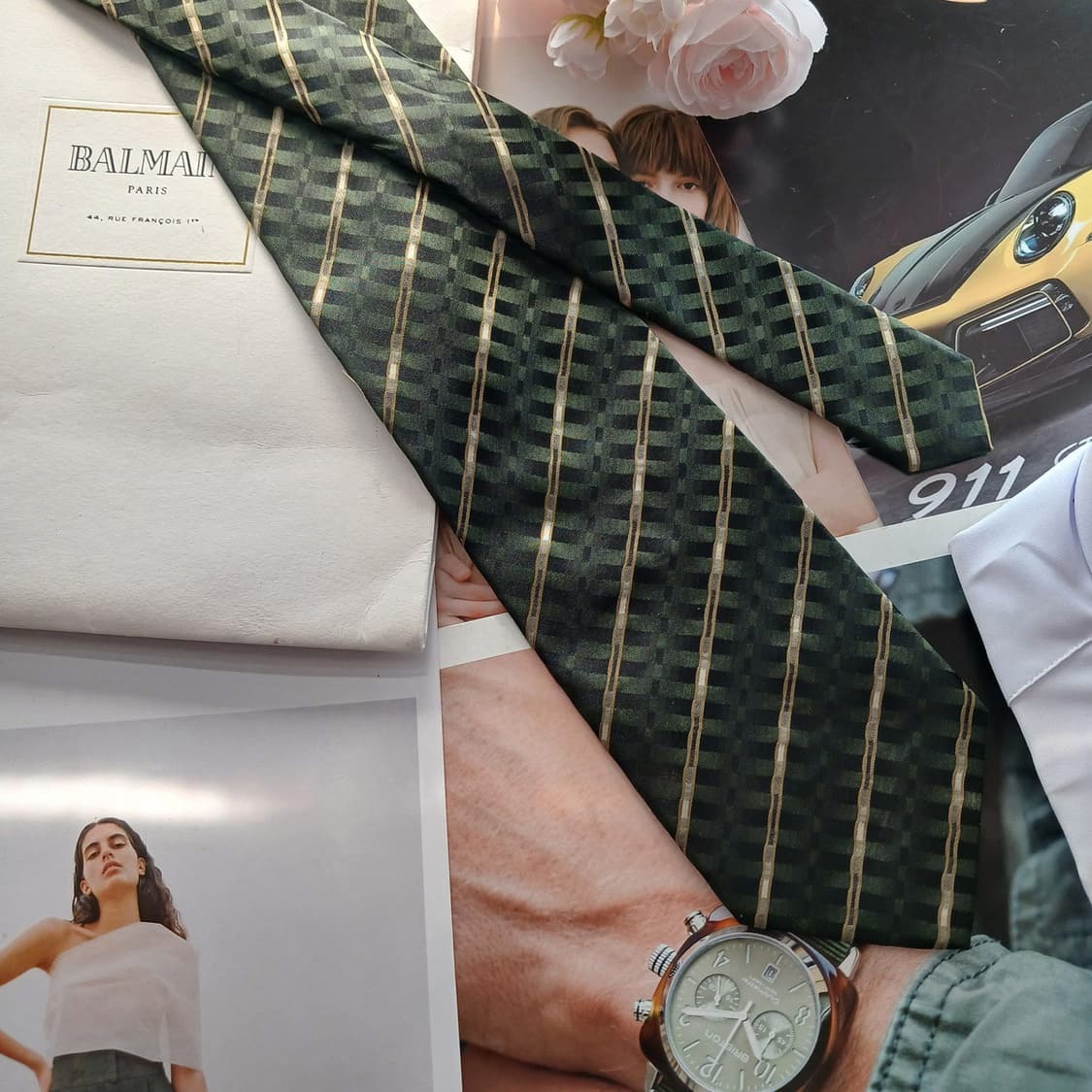 발망 실크 다크그린 체크 패턴 넥타이 9.8cm A등급 A18770
 상품이미지3