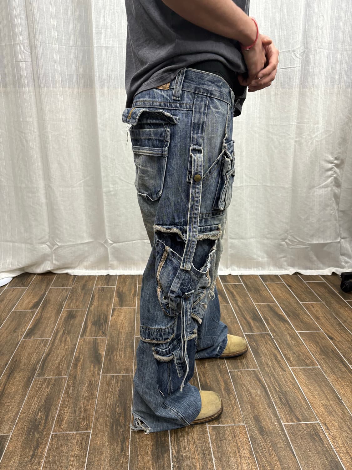 빈티지 디스트로이드 멀티포켓 카고 데님 팬츠 상품이미지2