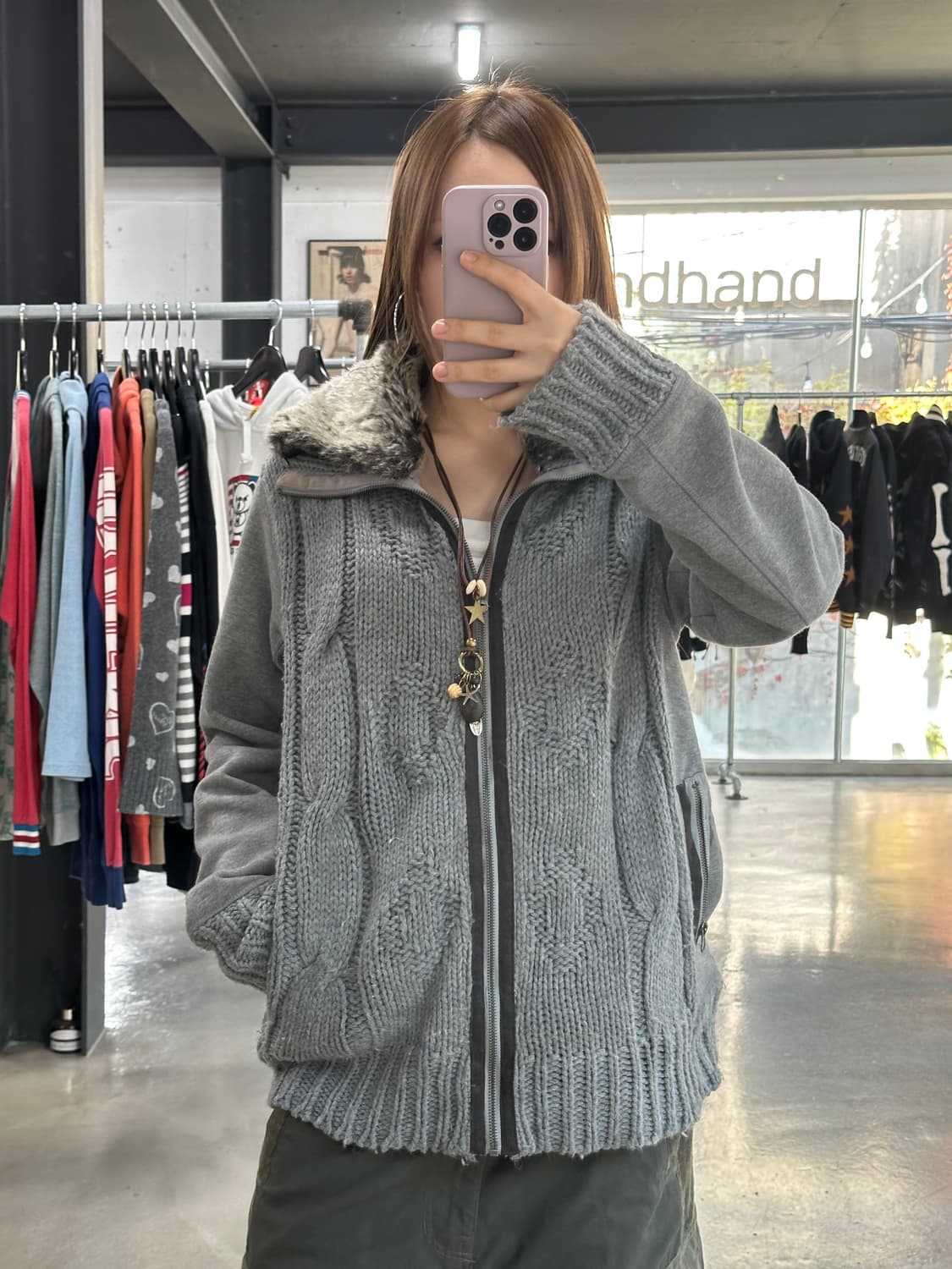 재팬빈티지 하이넥 퍼 꽈배기 니트집업 상품이미지1