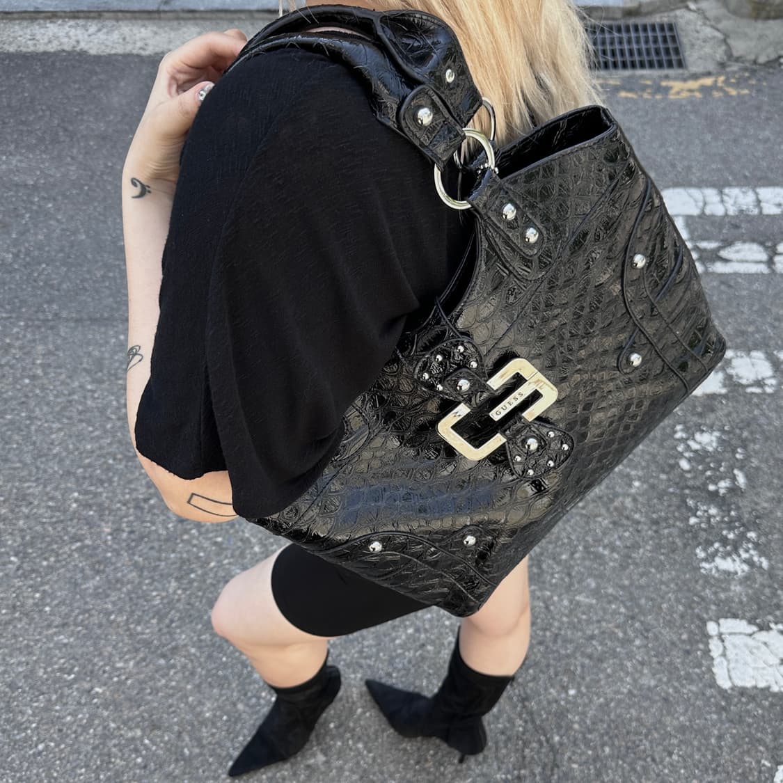 00s 빈티지 게스 악어무늬 빅 숄더백 상품이미지6