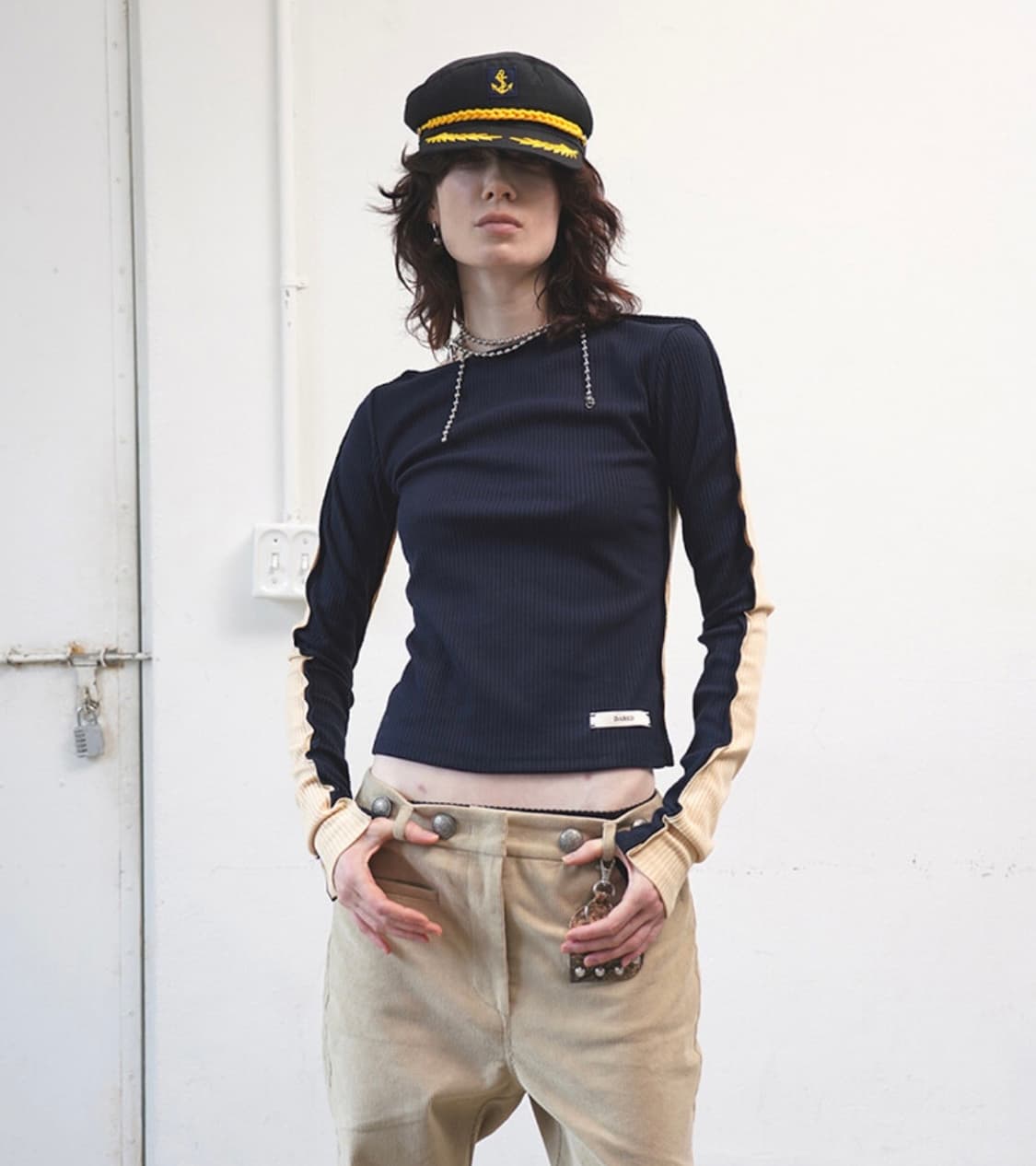 데어드 dared 하프앤하프 슬리브 탑 롱슬리브 네이비 버터 상품이미지1