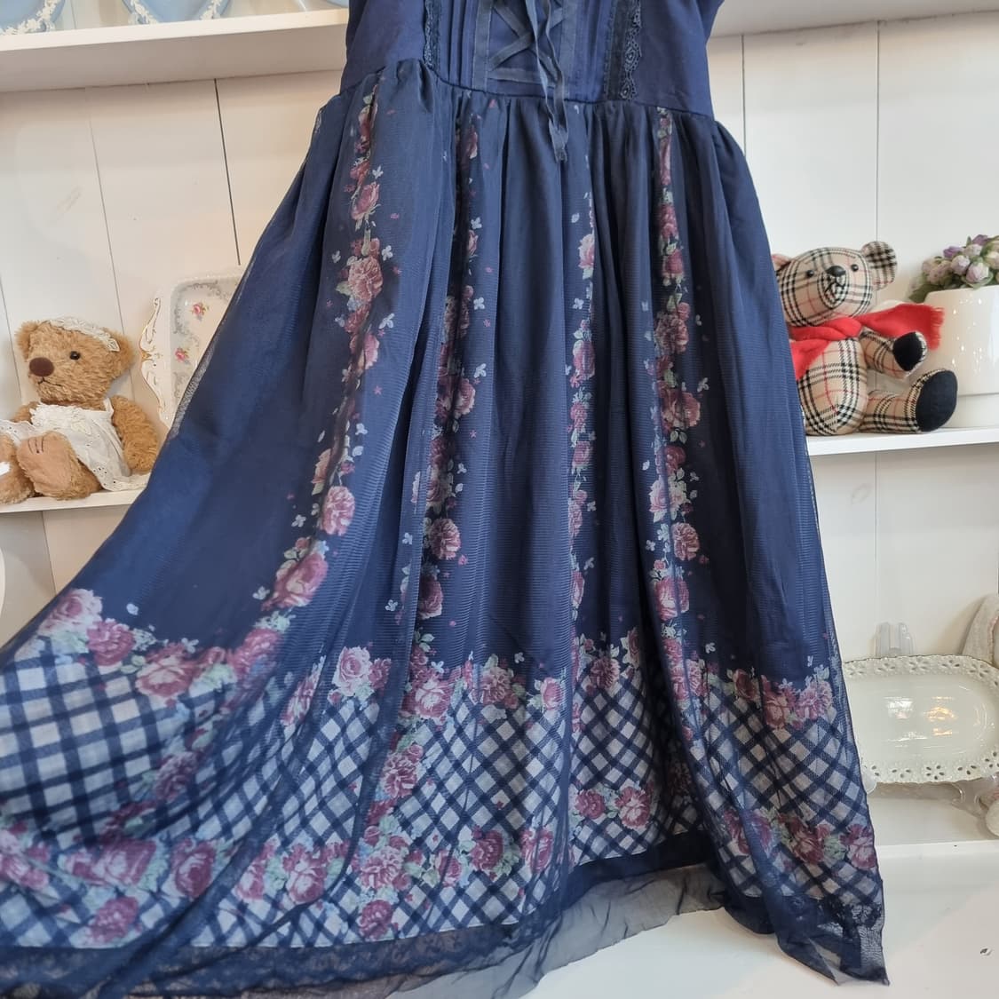 엑시즈팜(axes femme) 네이비 플로럴 체크 레이어드 원피스 상품이미지3