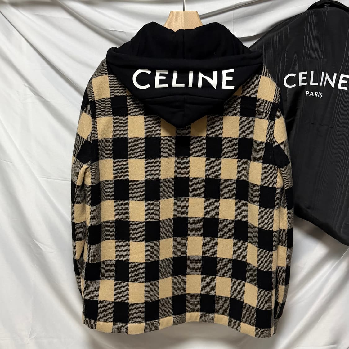 [S+급/50] 셀린느 체크 울 후드 오버셔츠 자켓 베이지 상품이미지1
