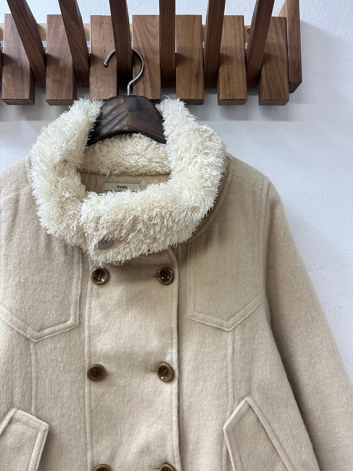 일본빈티지 mystic 베이지 퍼 하이넥 울 혼방 코트 상품이미지2