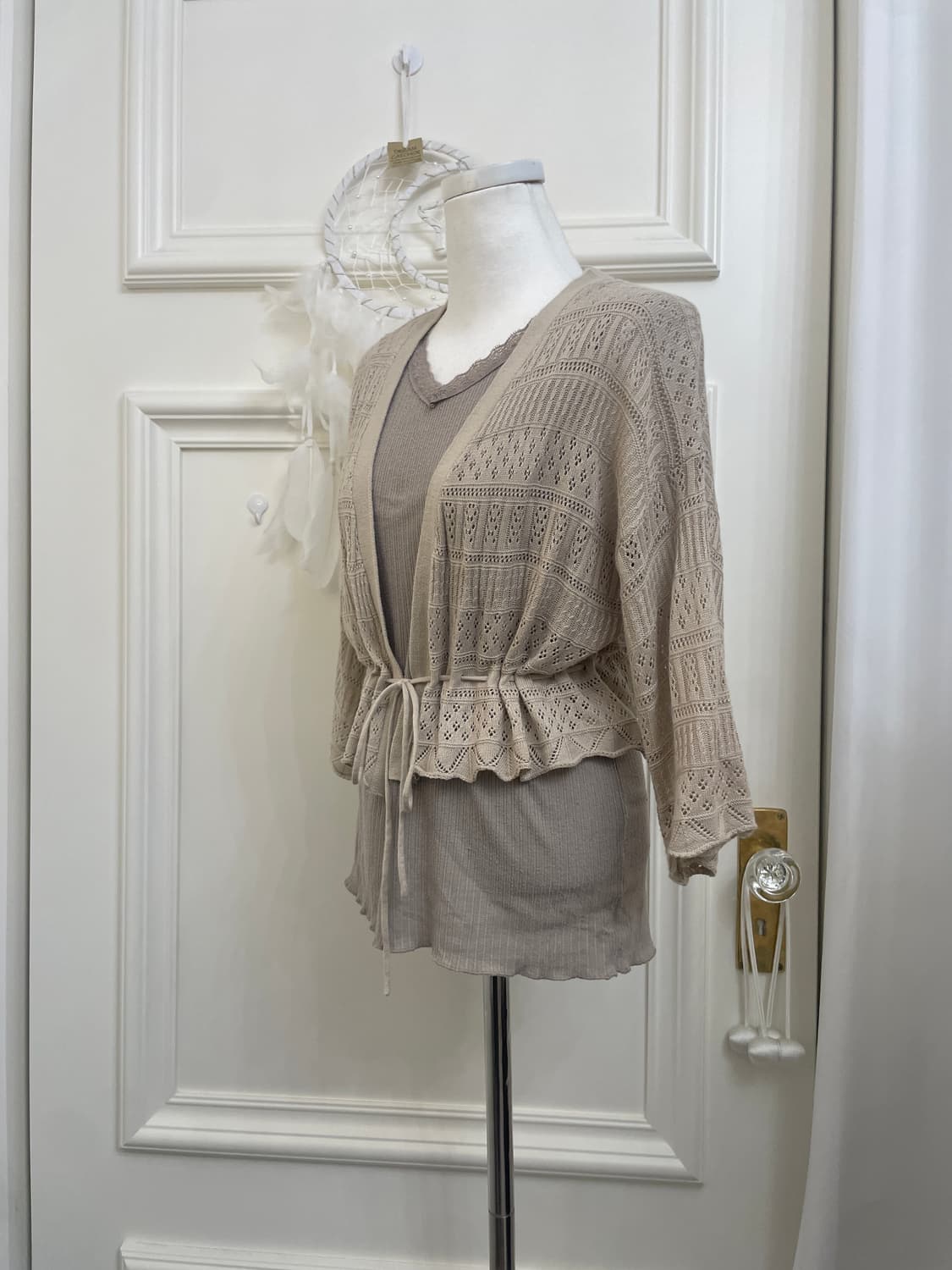 beige crochet cardigan&lace shirring sle 상품이미지2