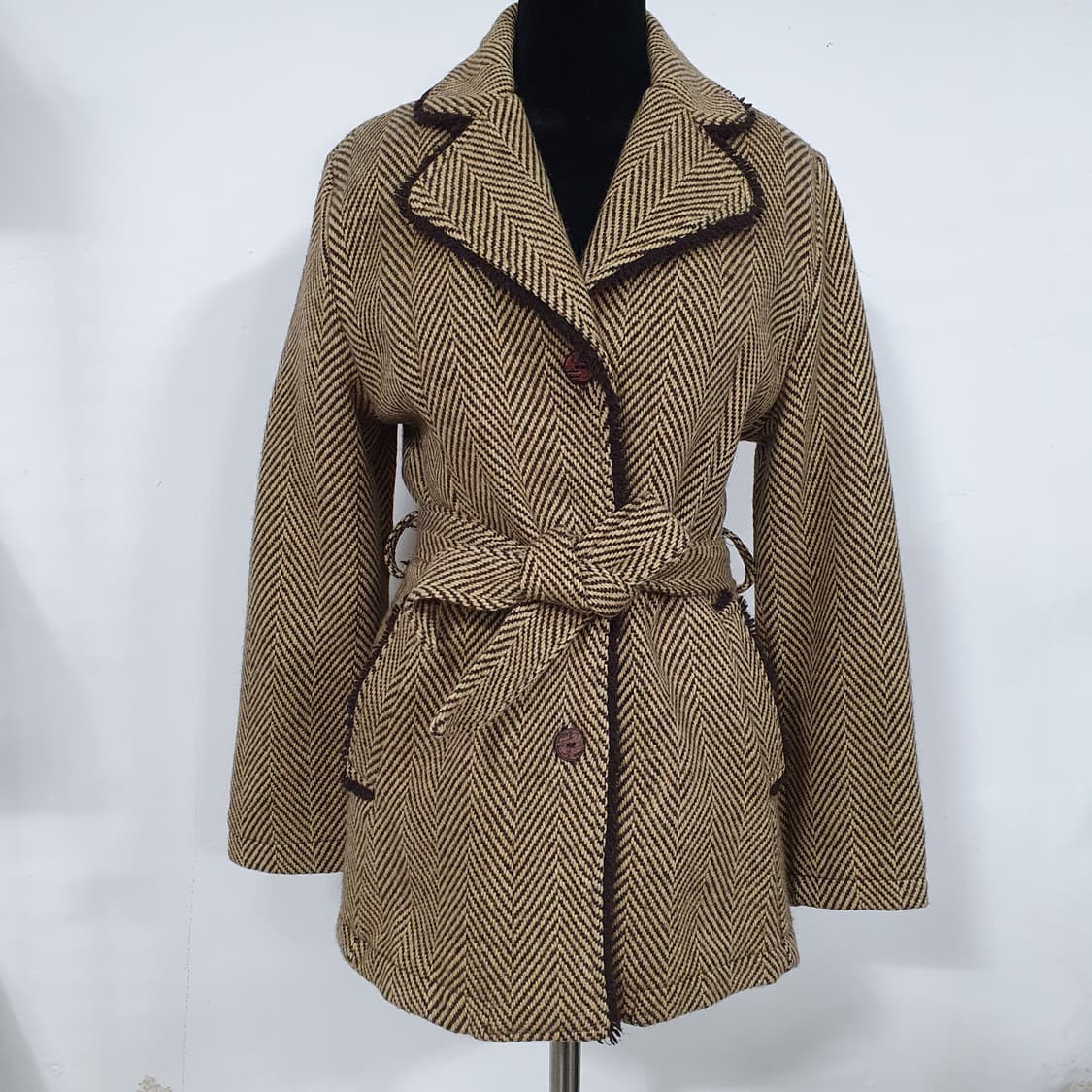 빈티지 너드 그런지 수술 디테일 모직 헤링본 벨티드 자켓 모리걸 레트로 상품이미지1