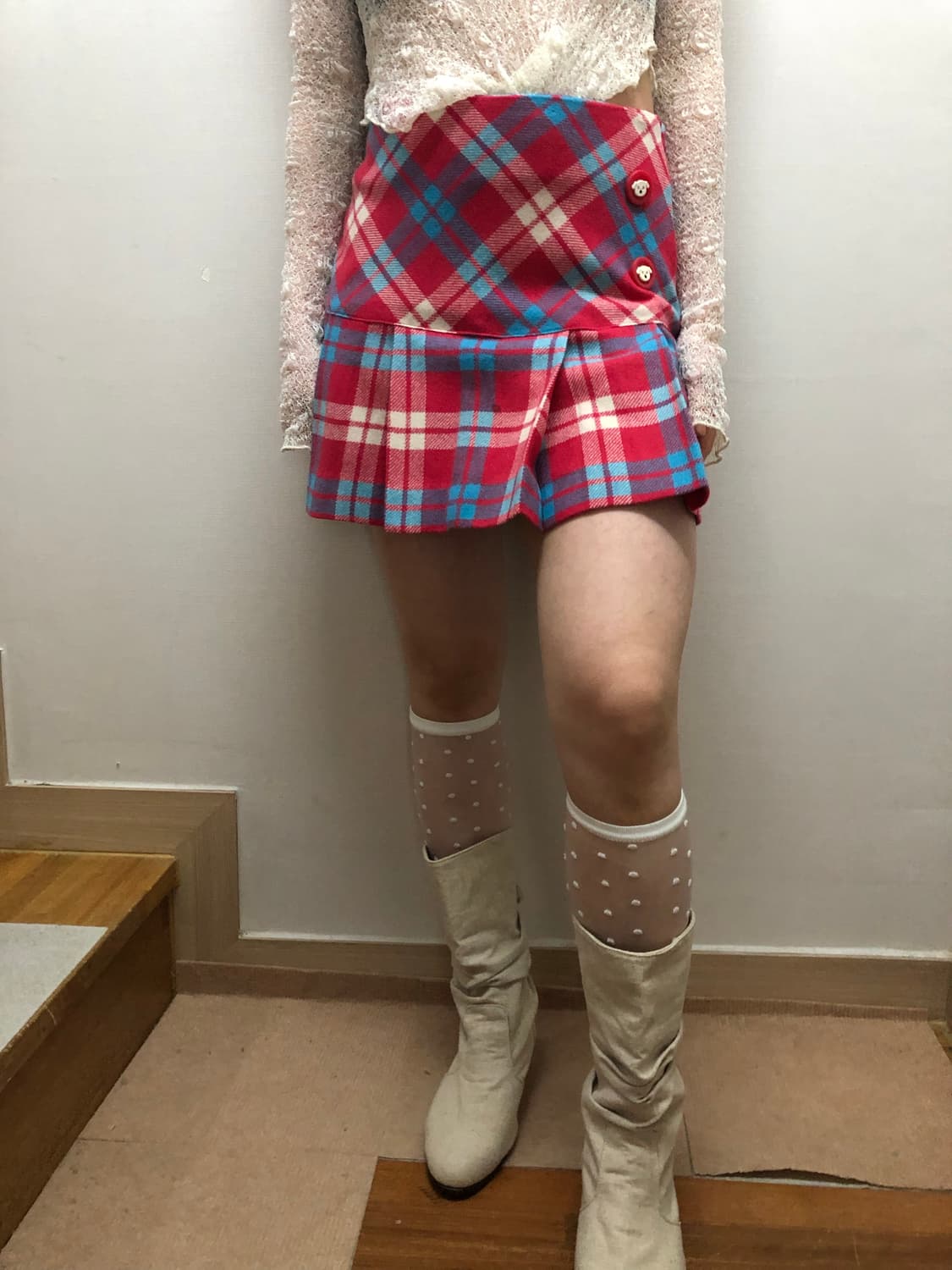 빈티지 핑크 블루 체크 미니 플리츠 스커트 상품이미지1