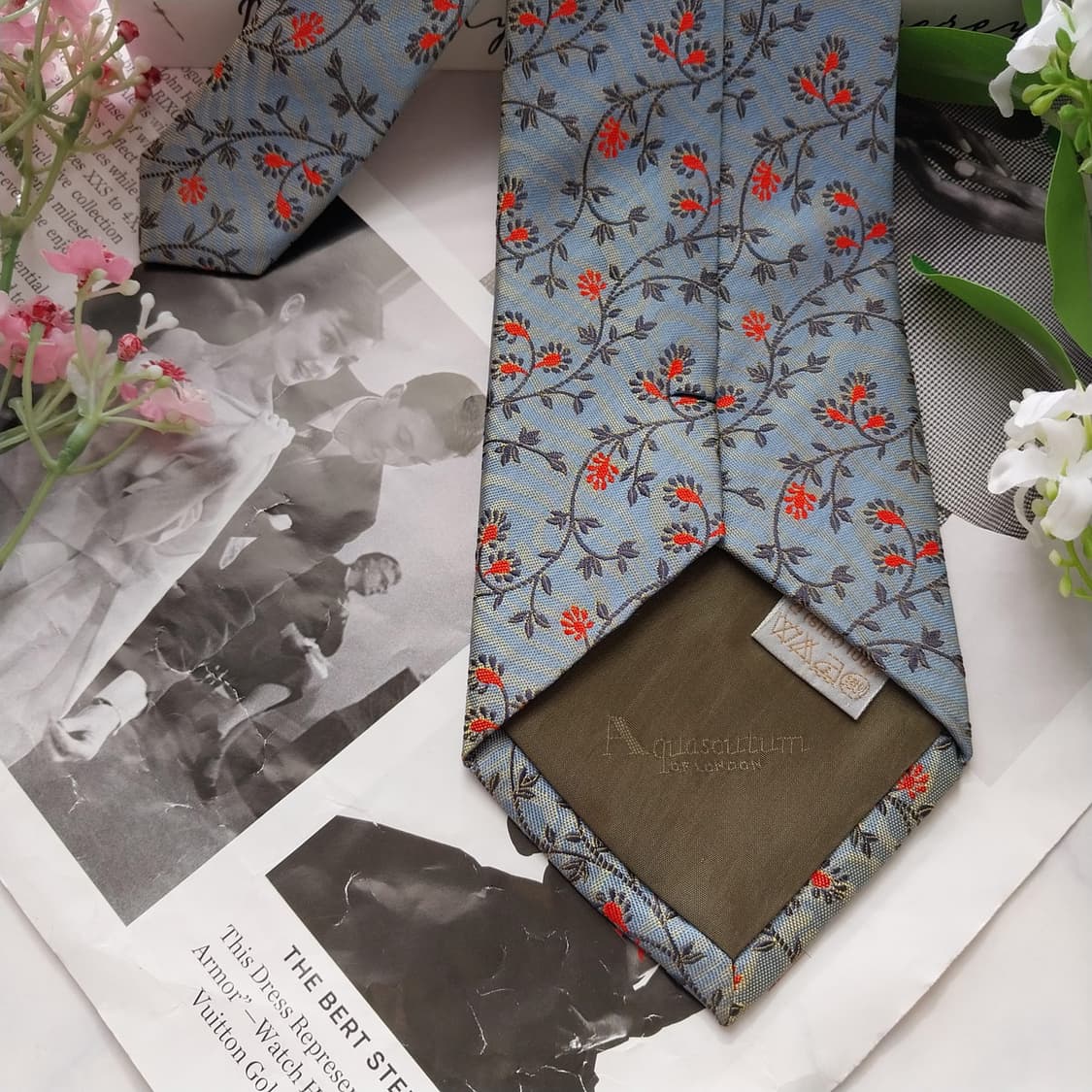 아쿠아스큐텀 실크 블루 플로럴 패턴 넥타이 9.7cm A등급 K2166 상품이미지9