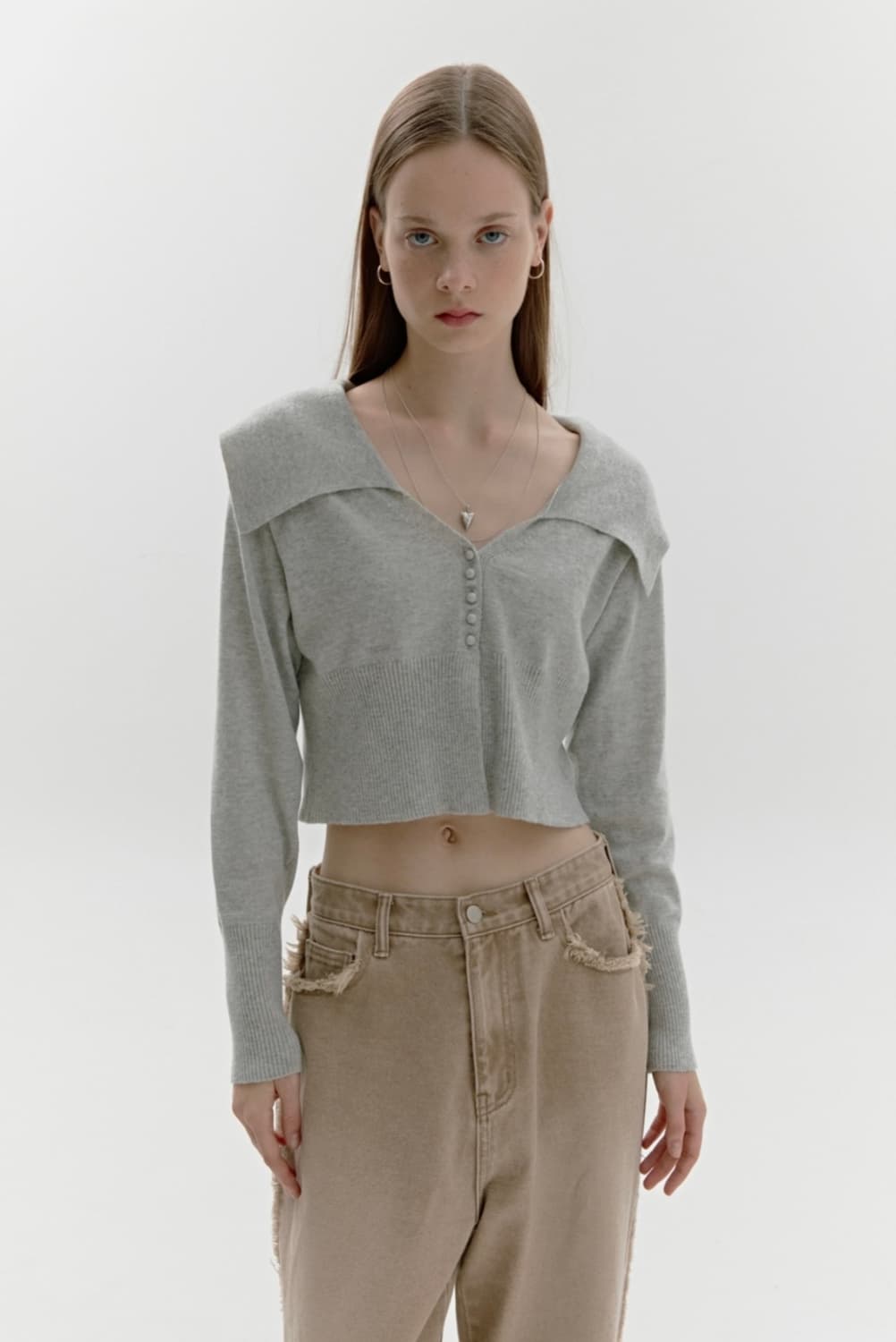 택O) 소프트서울 뉴 세일러 카라 니트 가디건 라이트 그레이 상품이미지1