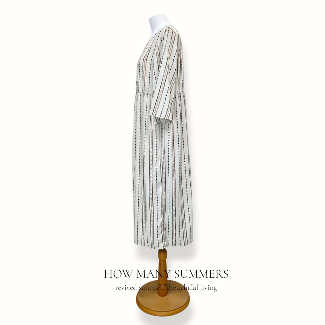 에스닉 스트라이프 롱 원피스 L 아이보리 브이넥 로브 7부 상품이미지2