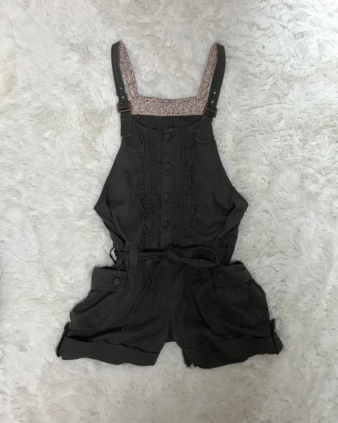 일본빈티지 모리걸 카키 프릴 버튼 디테일 멜빵 반바지  상품이미지1