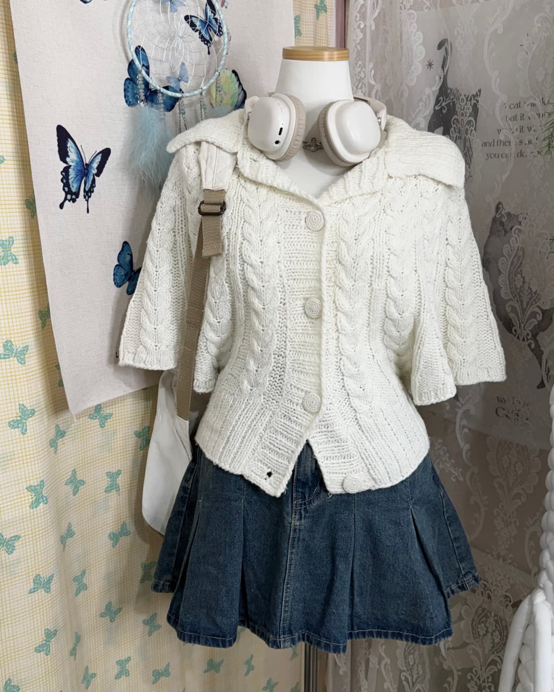 아이보리 꽈배기 케이프 니트 가디건 상품이미지1