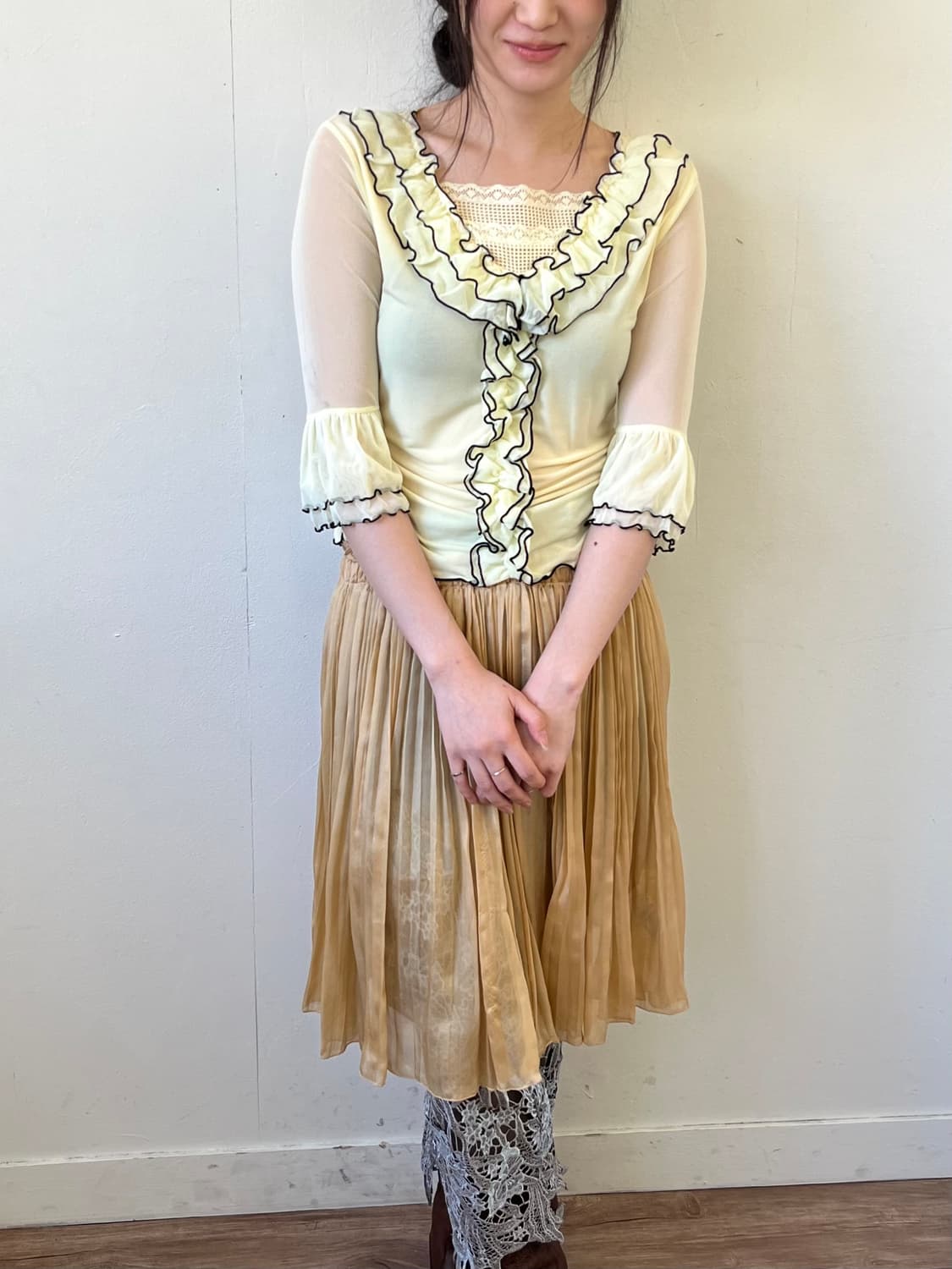 Japan vtg 엘로우 프릴 탑 상품이미지4