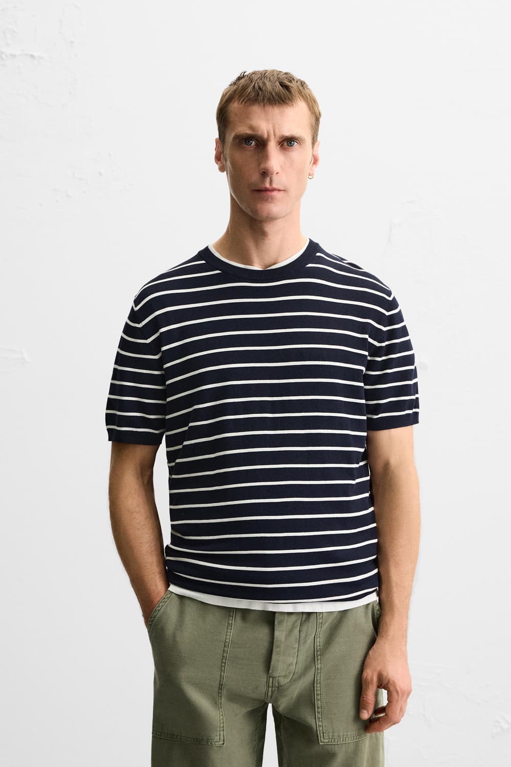 [XL] ZARA 자라 비스코스 혼방 반팔 티셔츠 NAVY 상품이미지3