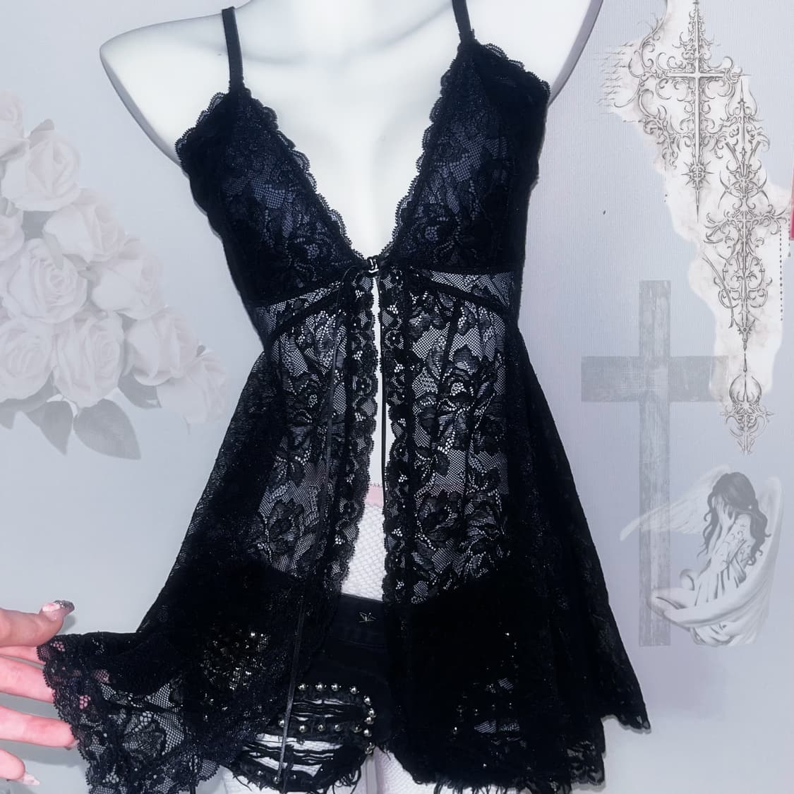 고딕 고스 히메갸루 와투케 다크엔젤 블랙 레이스 오픈 슬리브리스 상품이미지3