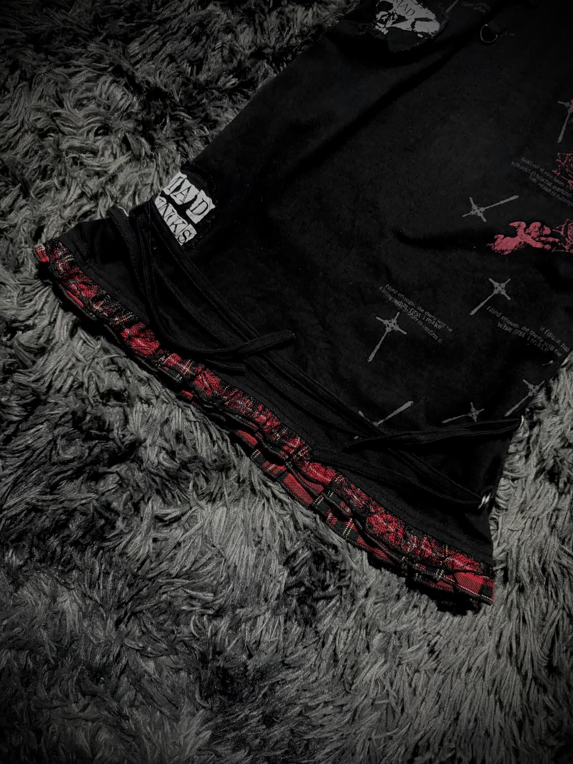 MAD PUNKs 로즈 십자가 그래픽 레드 체크 펑크 후드 반팔티 상품이미지4