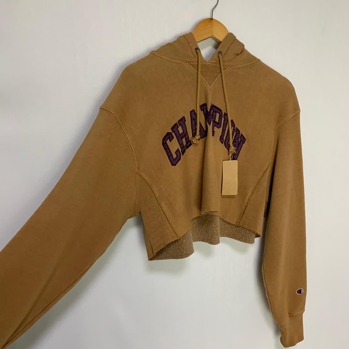 챔피온 레이어드 크롭 후드티 카멜 루즈핏 S 상품이미지2