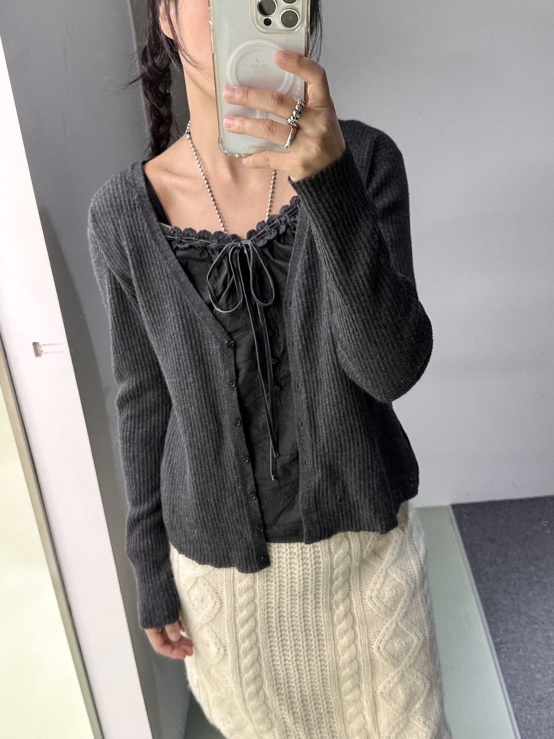 charcoal layered ribbed knit cardigan 상품이미지5