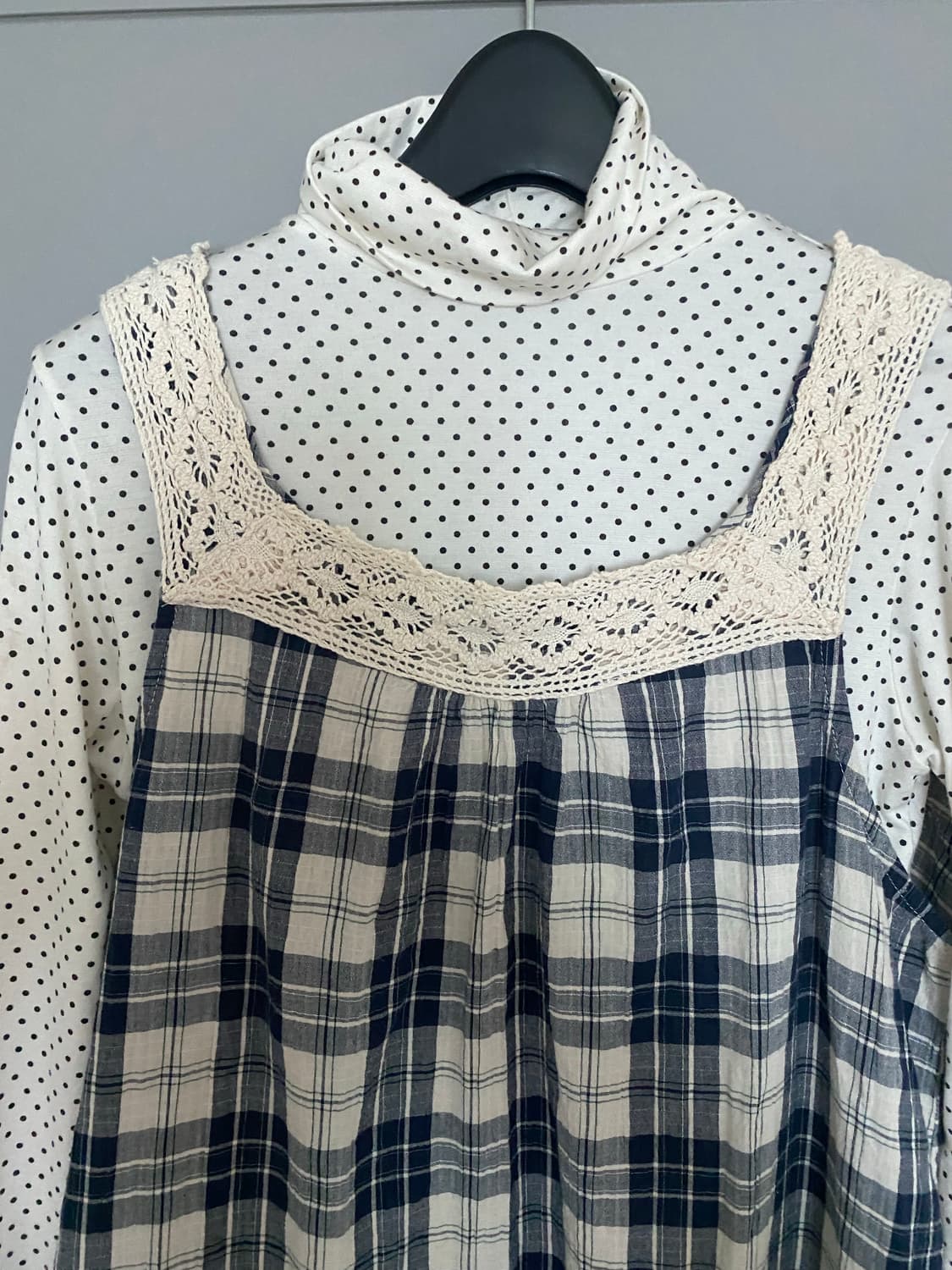 🫧빈티지 모리걸🫧도트 목폴라&체크 슬리브리스 원피스 세트 상품이미지2