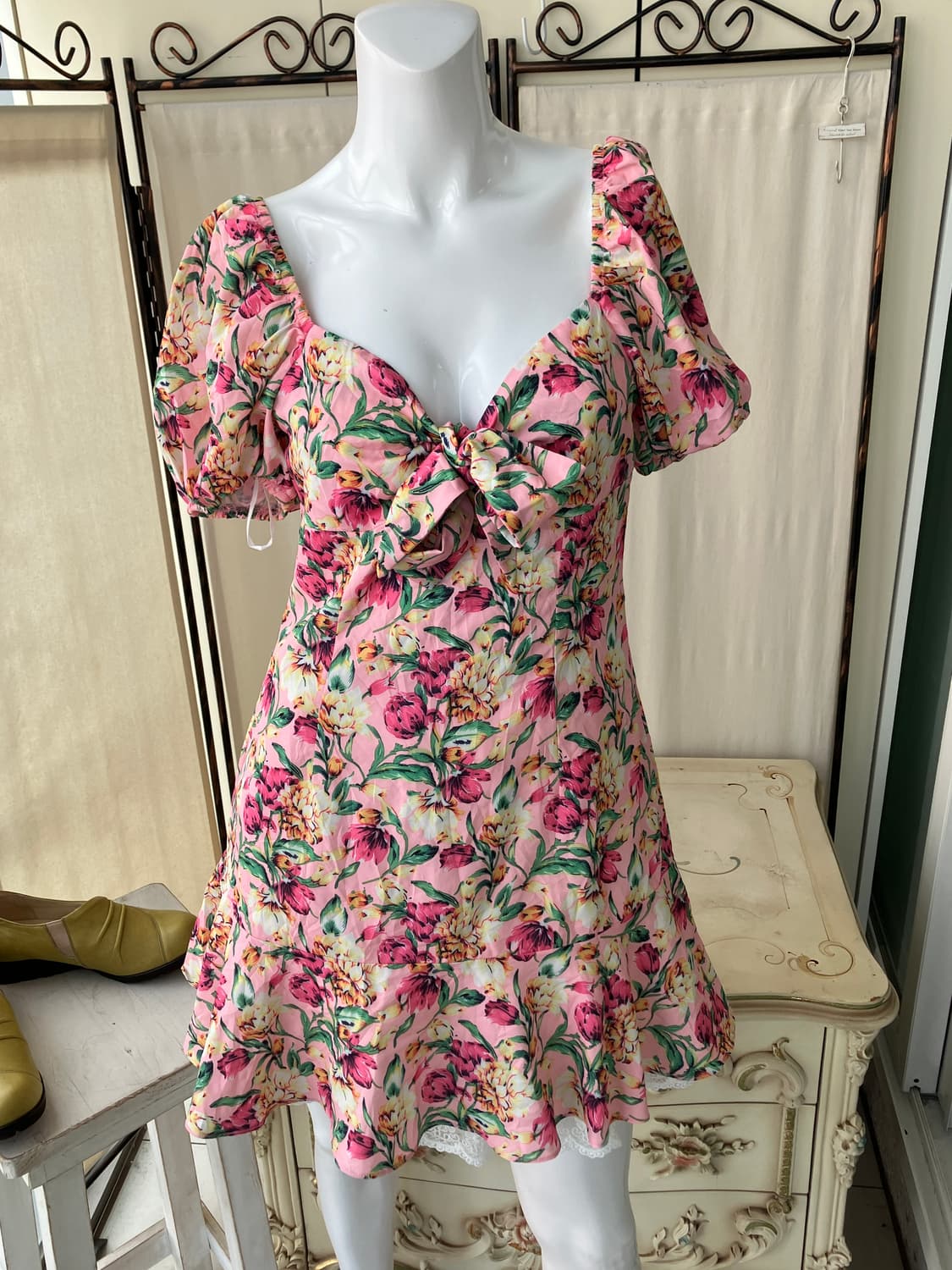 peach pink flower pattern ribbon dress 상품이미지3