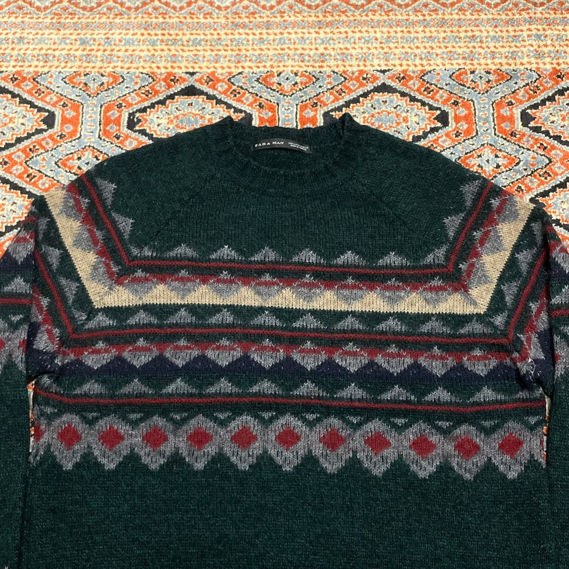 자라 맨 딥그린 패턴 아크릴 혼방 니트 남성L 상품이미지2