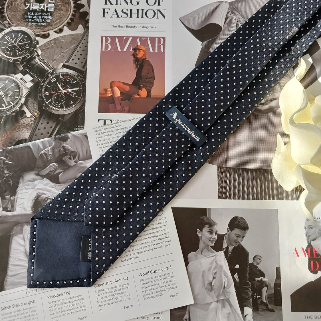 아쿠아스큐텀 실크 네이비 도트 패턴 넥타이 9.4cm B등급 A19574 상품이미지3