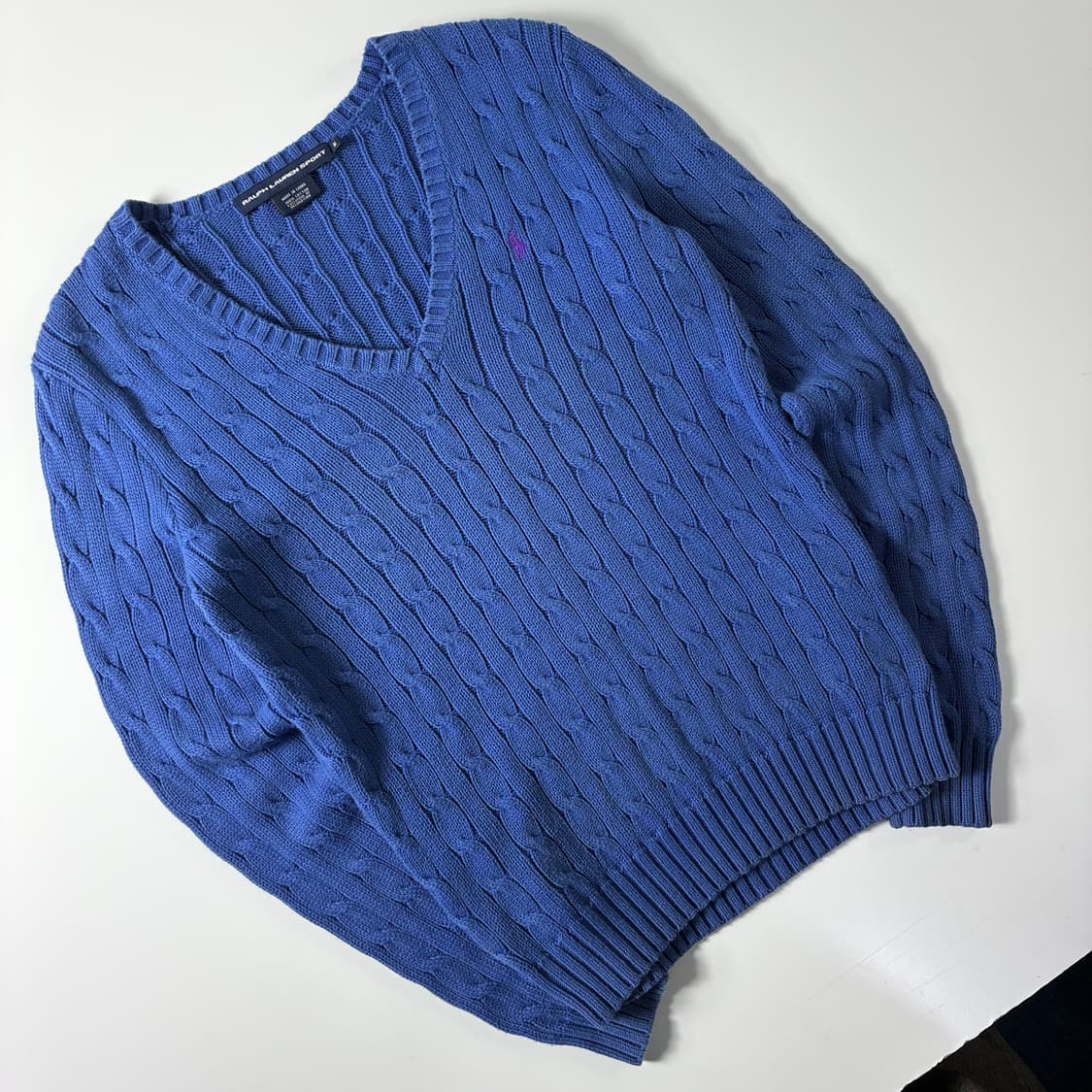 Polo  랄프로렌 스포츠 자수 코튼 블루 꽈배기 브이넥 니트  상품이미지2