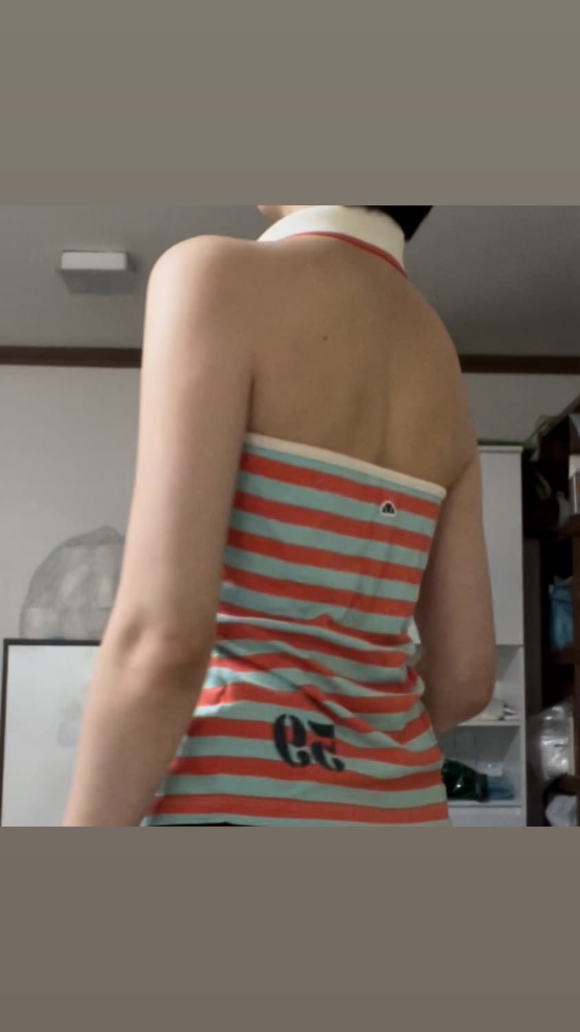 엘레쎄 홀터넥 카라 스트라이프 오렌지 골드글리터반짝이 나시 슬리브리스 상품이미지2