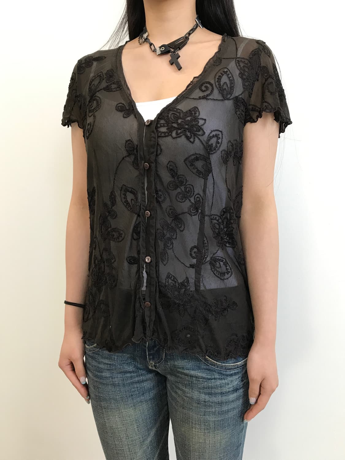 Jpn Brown Sheer Lace Floral Cardigan Top 상품이미지3