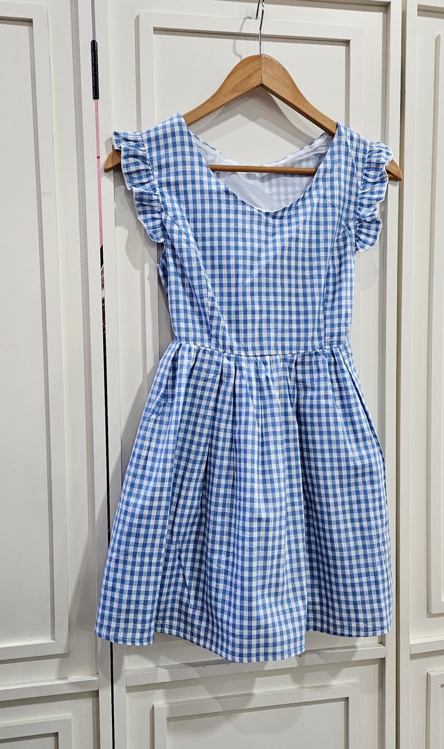 블루 깅엄체크 플레어 원피스 상품이미지2