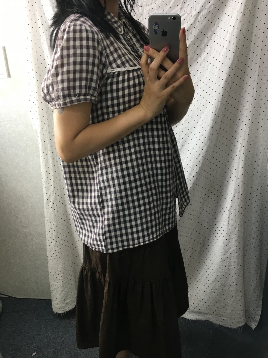 브라운 체크 둥근 카라 블라우스  상품이미지3