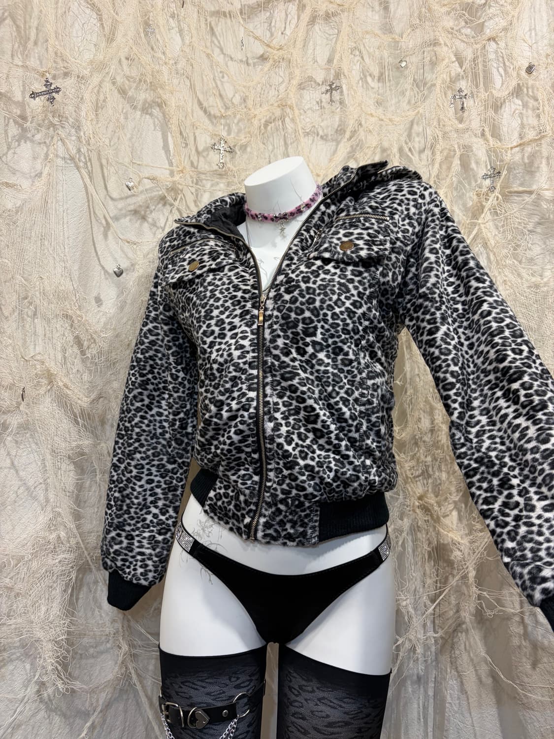 Y2K Leopard crop hoodie zip-up 상품이미지7