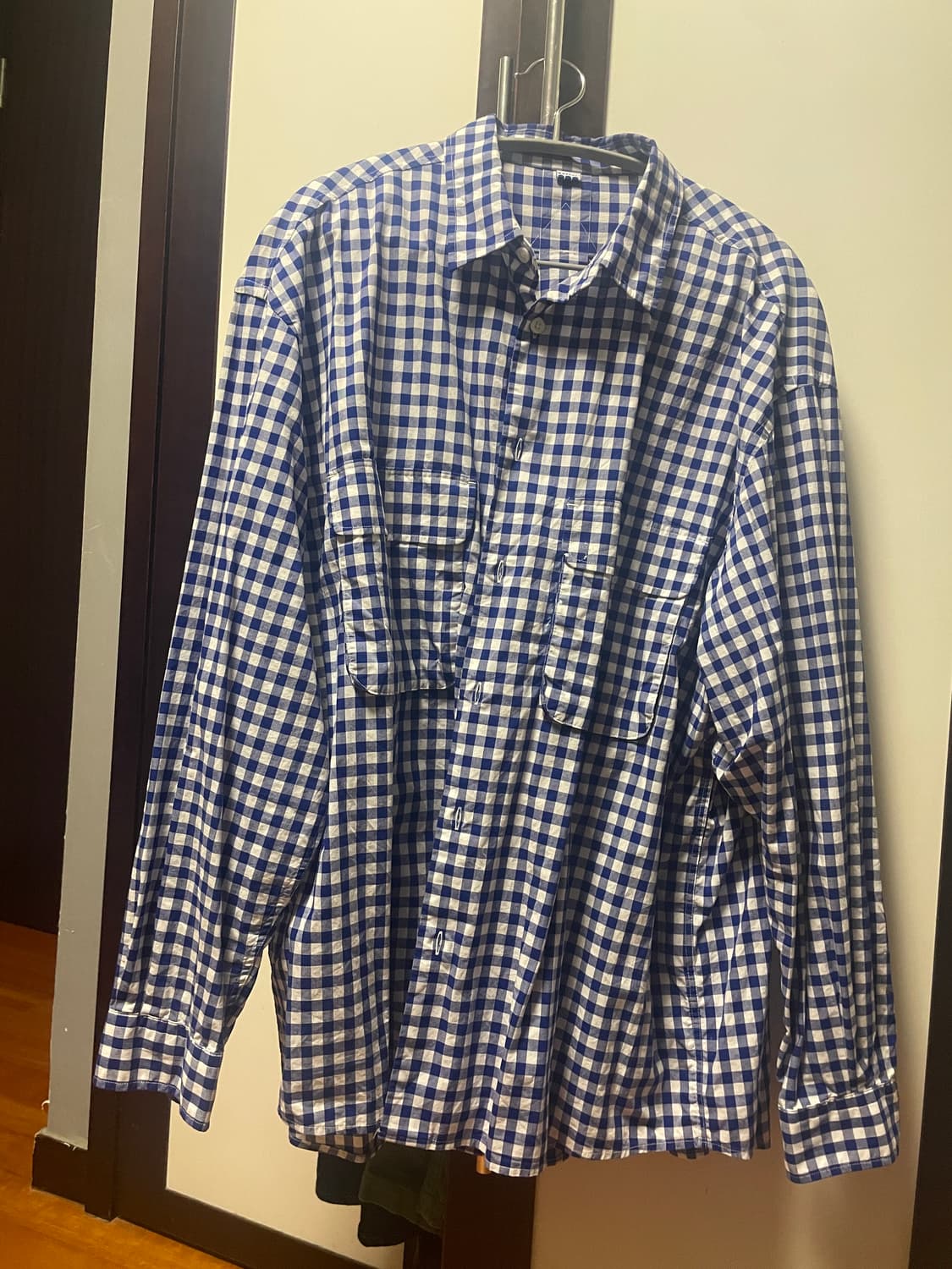 소프터 깅엄 체크셔츠Gingham Wide Shirt White Blue 상품이미지3