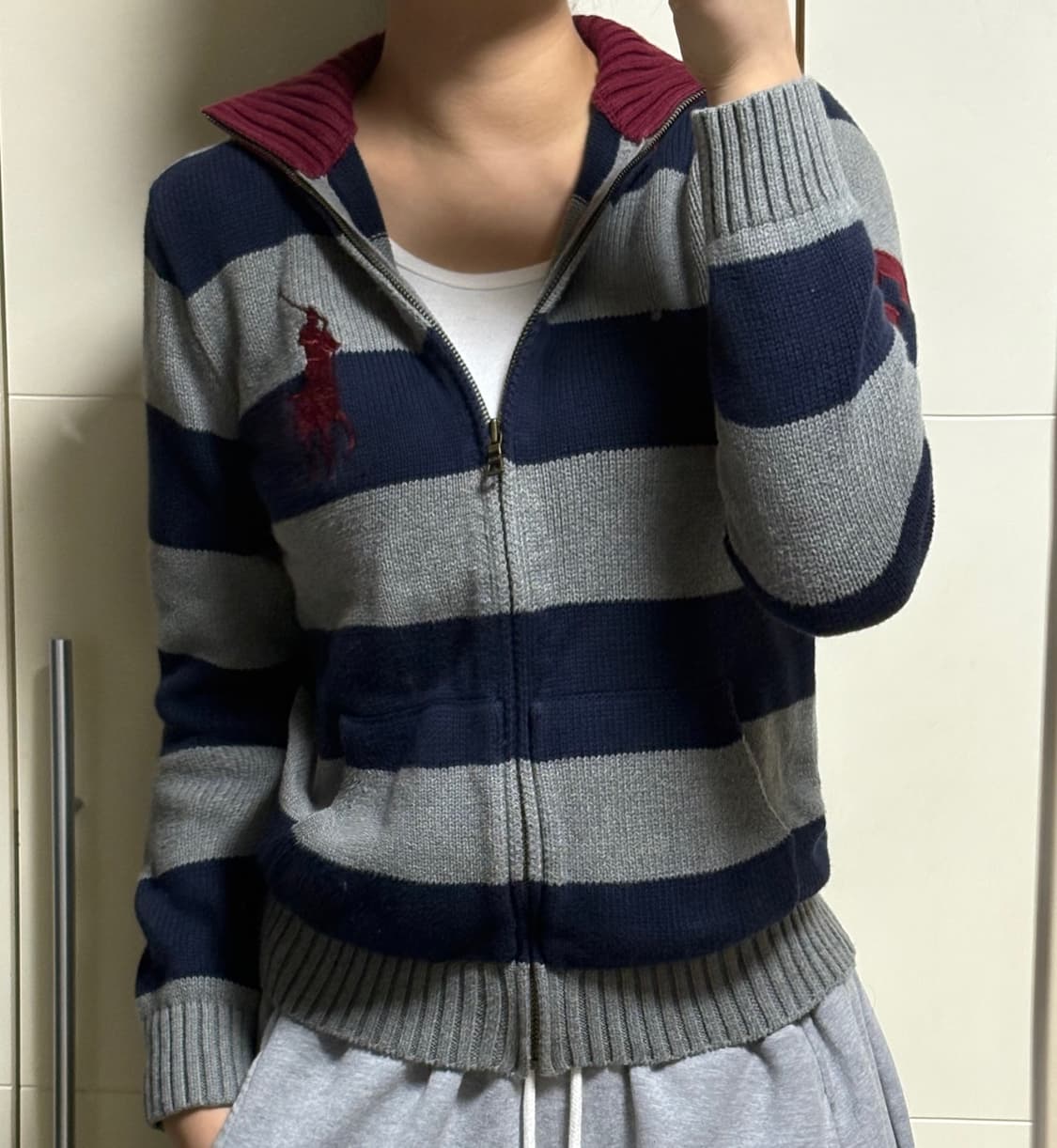 폴로 랄프로렌 빅포니 그레이 네이비 배색 스트라이프 니트 집업 상품이미지1