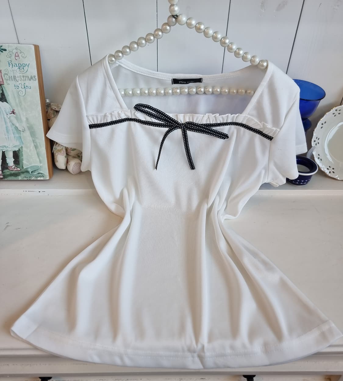 리본 블라우스 화이트 반팔 상품이미지1