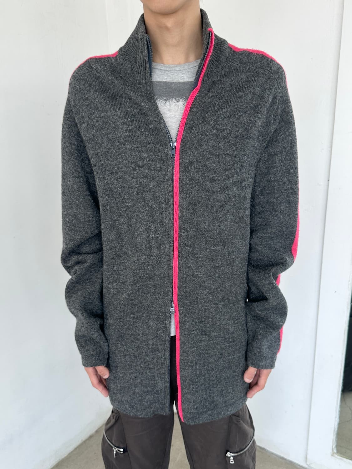 02aw 요지 뿌르옴므 핑크 라인 울 집업 상품이미지3