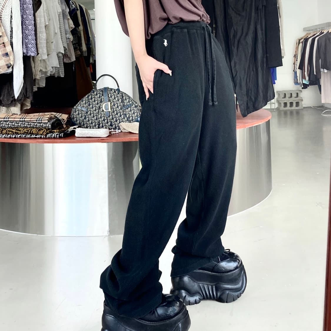 폴로 기본 포니 슬립 웨어 블랙 와플 팬츠 상품이미지1