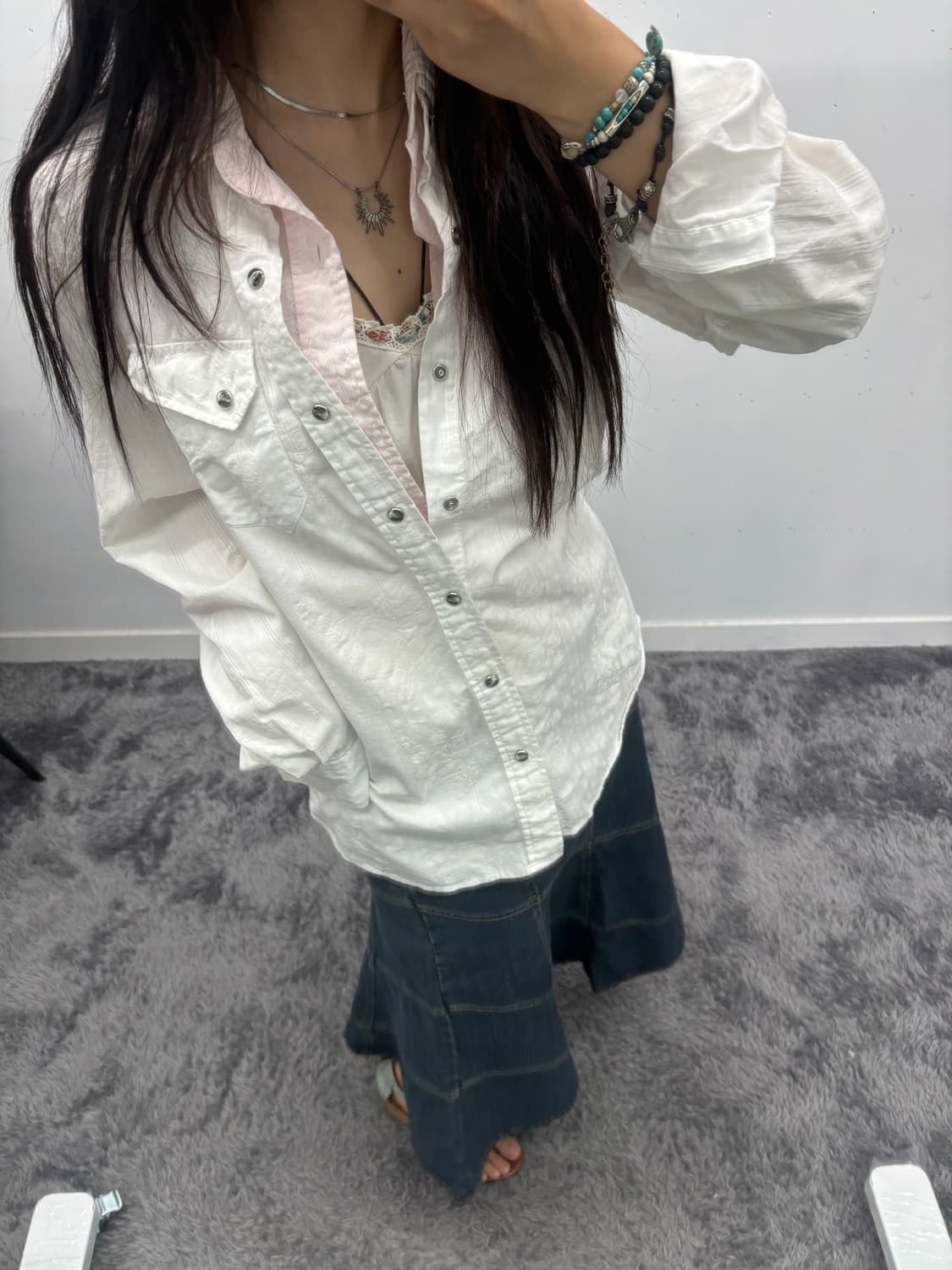 Omkoe 패턴 디테일 레이어드 셔츠 상품이미지2